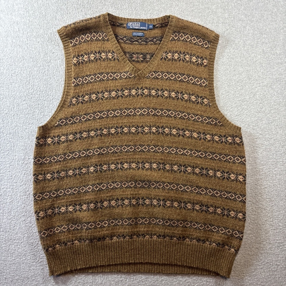 VTG Ralph Lauren Sweater Vest Mens XL Brown Cashmere/ Alpaca Fair Isle Knit